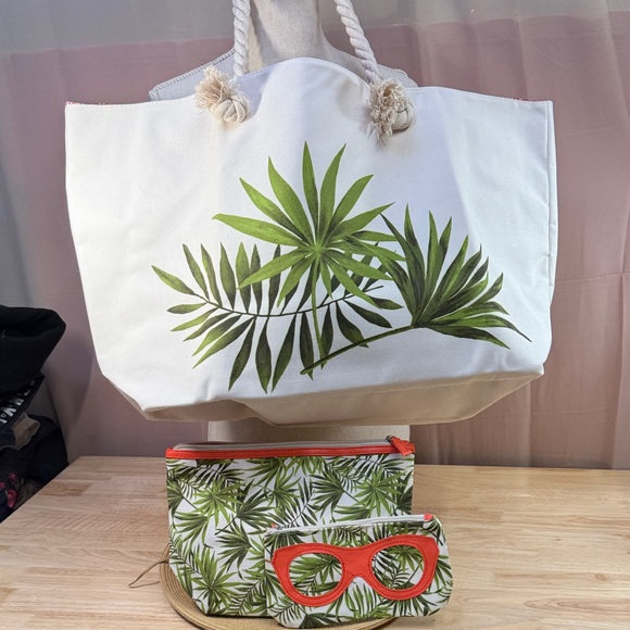Tropical Leaf Print White Canvas Tote Bag Set - Picture 1 of 8